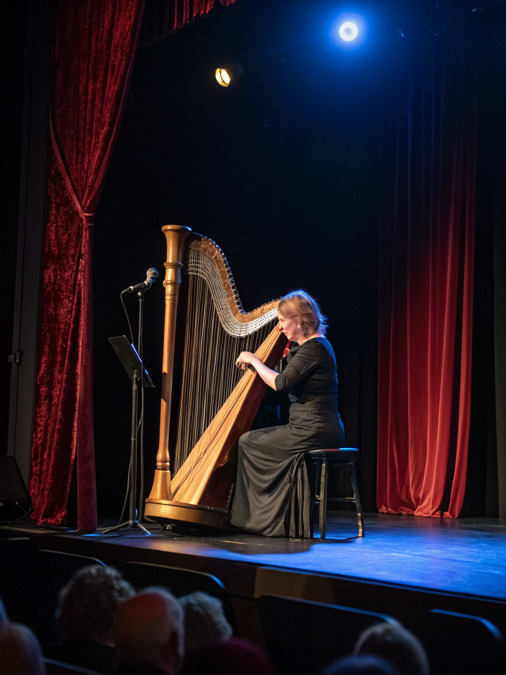 Concert harpist performing on stage